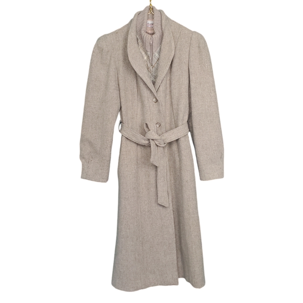 Vintage 60s Wool Tweed Puff Shoulder Coat XS Khaki Preppy Plaid